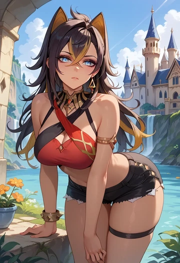 genshin impact,dehya_(genshin_impact),sleeveless swim top,shorts-style bottom,contrast stitching  - AI generated anime art