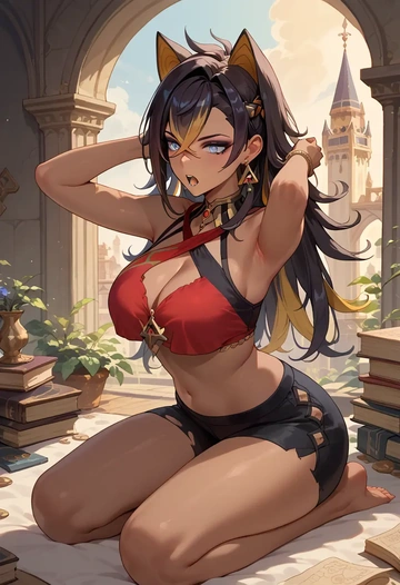 genshin impact,dehya_(genshin_impact),sports crop,high-waisted shorts  - AI generated anime art