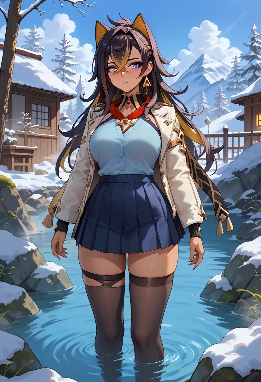 genshin impact,dehya_(genshin_impact),winter,student uniform,puffer jacket  - 