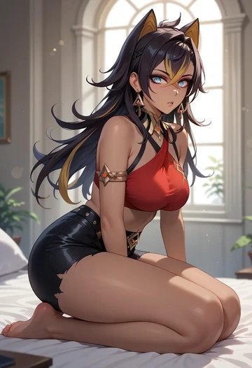 genshin impact,dehya_(genshin_impact),leather,shorts  - AI generated anime art