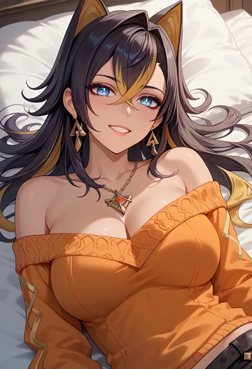 genshin impact,dehya_(genshin_impact),orange,sweater  - AI generated anime art