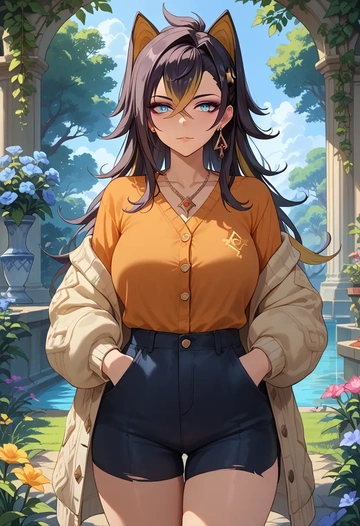 genshin impact,dehya_(genshin_impact),cardigan,oversized,wide-leg pants  - AI generated anime art