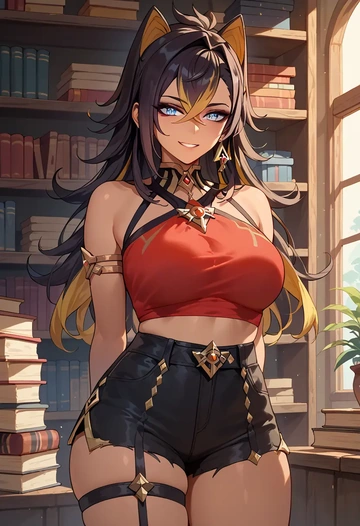 genshin impact,dehya_(genshin_impact),jogger shorts,oversized tank  - AI generated anime art