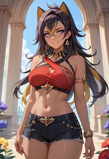 genshin impact,dehya_(genshin_impact),sleeveless swim top,shorts-style bottom,contrast stitching  - AI generated anime art