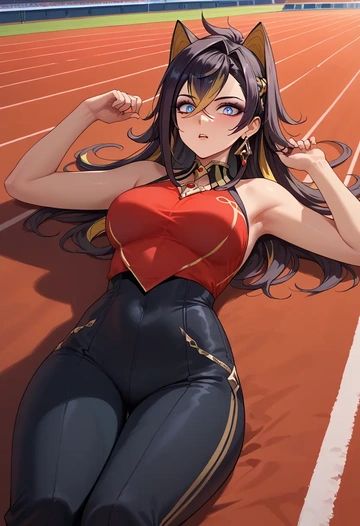 genshin impact,dehya_(genshin_impact),jumpsuit,sleeveless,flare pants  - AI generated anime art