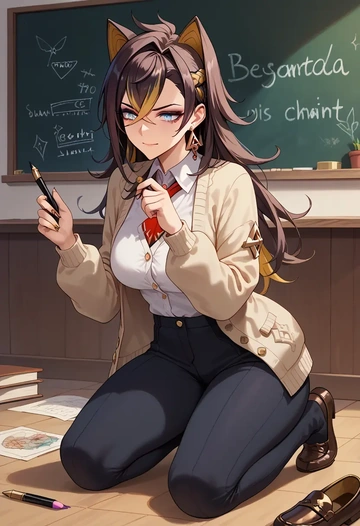 genshin impact,dehya_(genshin_impact),teacher, sweater  - AI generated anime art