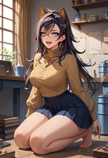 genshin impact,dehya_(genshin_impact),skirt,pleated,turtleneck sweater  - AI generated anime art