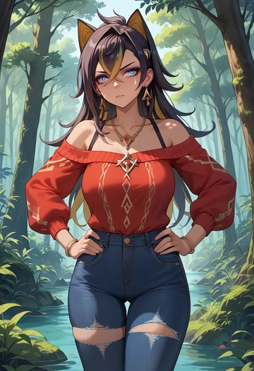 genshin impact,dehya_(genshin_impact),sweater,off-shoulder,ripped jeans  - AI generated anime art