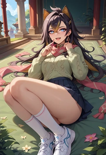 genshin impact,dehya_(genshin_impact),spring,student uniform,knit sweater  - AI generated anime art