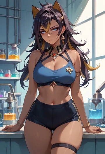 genshin impact,dehya_(genshin_impact),sports bra,wide-leg joggers  - AI generated anime art