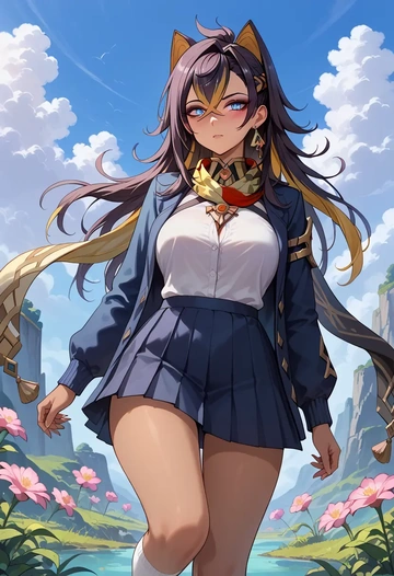 genshin impact,dehya_(genshin_impact),spring,student uniform,cardigan  - AI generated anime art