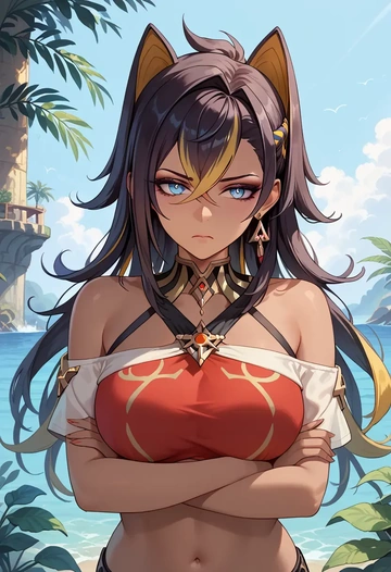 genshin impact,dehya_(genshin_impact),off-shoulder top,dolphin shorts  - AI generated anime art