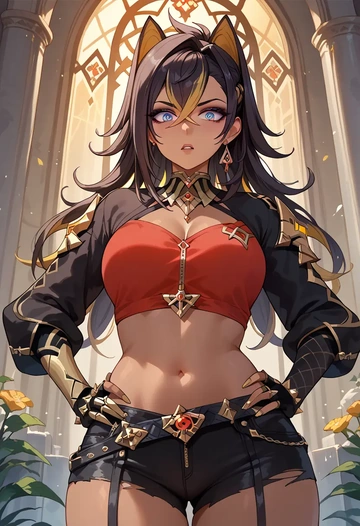 genshin impact,dehya_(genshin_impact),crop hoodie,shorts  - AI generated anime art