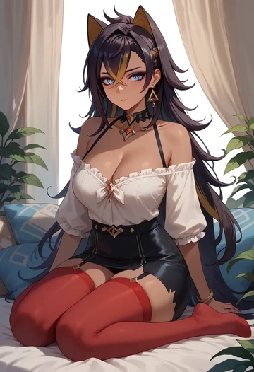 genshin impact,dehya_(genshin_impact),collar,oversized,Thigh garters  - AI generated anime art