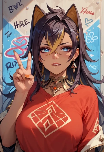 genshin impact,dehya_(genshin_impact),oversized graffiti shirt,dolphin shorts  - AI generated anime art