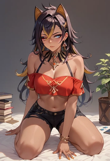 genshin impact,dehya_(genshin_impact),off-shoulder top,dolphin shorts  - AI generated anime art