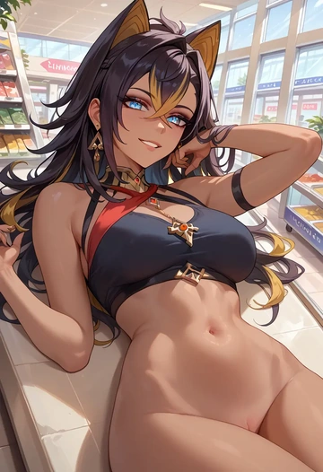 genshin impact,dehya_(genshin_impact),sports bra,wide-leg joggers  - AI generated anime art