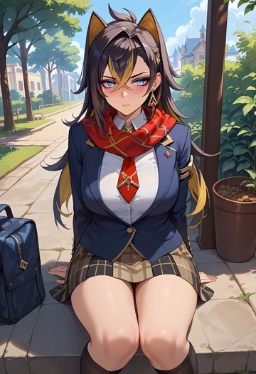 genshin impact,dehya_(genshin_impact),winter,student uniform,plaid skirt  - AI generated anime art