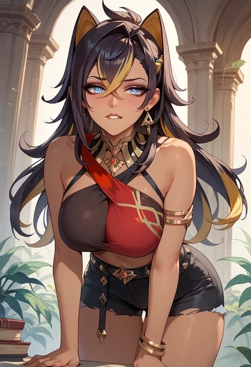 genshin impact,dehya_(genshin_impact),jogger shorts,oversized tank  - AI generated anime art