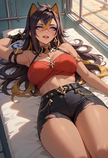 genshin impact,dehya_(genshin_impact),jogger shorts,oversized tank  - AI generated anime art