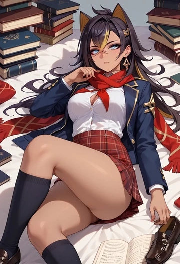 genshin impact,dehya_(genshin_impact),winter,student uniform,plaid skirt  - AI generated anime art