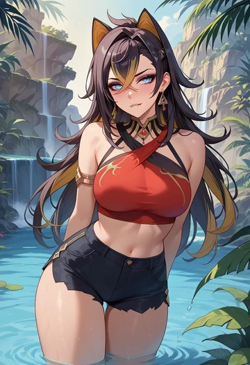 genshin impact,dehya_(genshin_impact),sleeveless swim top,shorts-style bottom,contrast stitching  - AI generated anime art