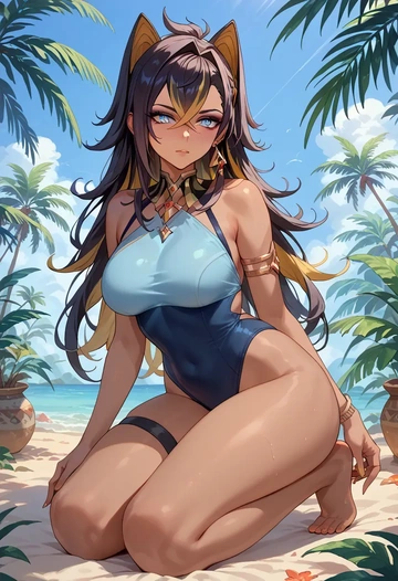 genshin impact,dehya_(genshin_impact),racerback swimsuit,striped trim,name tag patch  - AI generated anime art