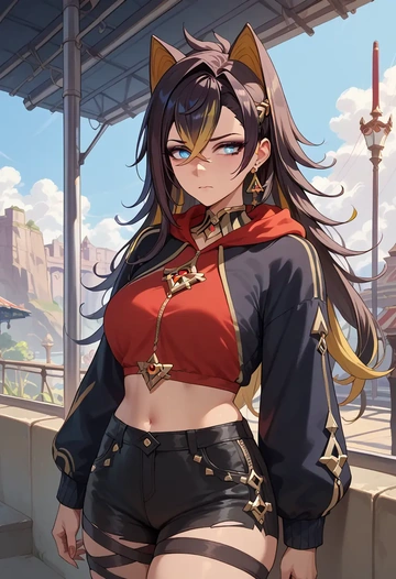 genshin impact,dehya_(genshin_impact),crop hoodie,shorts  - AI generated anime art