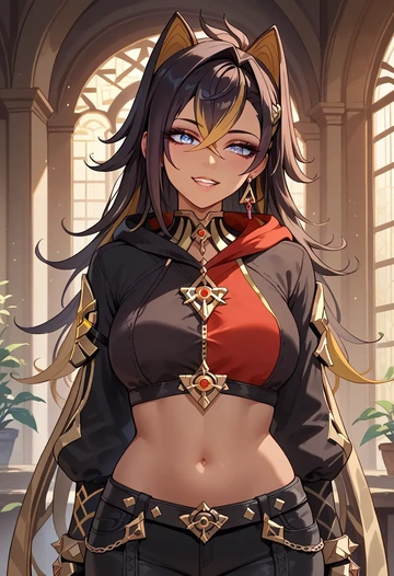 genshin impact,dehya_(genshin_impact),crop hoodie,shorts  - AI generated anime art