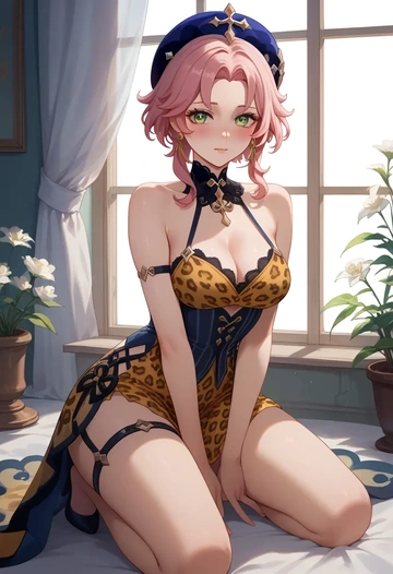 genshin_impact,diona_(genshin_impact),leopard print,silk slip dress  - AI generated anime art