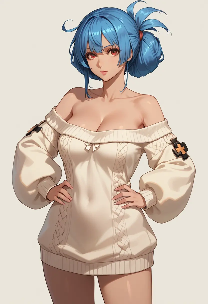 guilty_gear,dizzy_(guilty_gear),Hands on hips,off-shoulder,sweater  - 