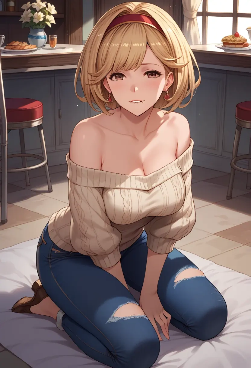 granblue_fantasy,djeeta_(granblue_fantasy),sweater,off-shoulder,ripped jeans  - 