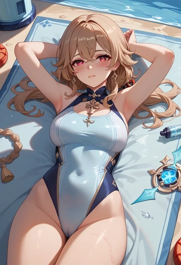 genshin_impact,dodoco_(genshin_impact),racerback swimsuit,striped trim,name tag patch  - AI generated anime art