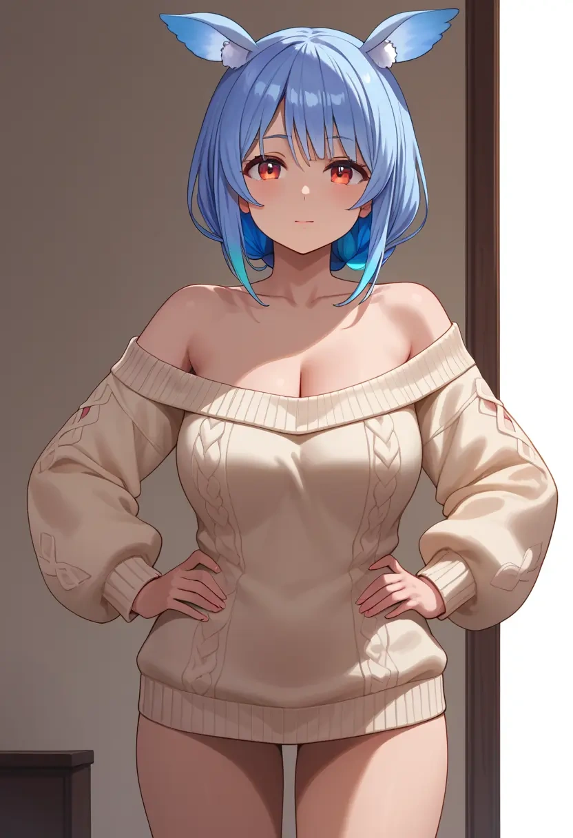 hololive,don-chan_(usada_pekora),Hands on hips,off-shoulder,sweater,stockings  - 