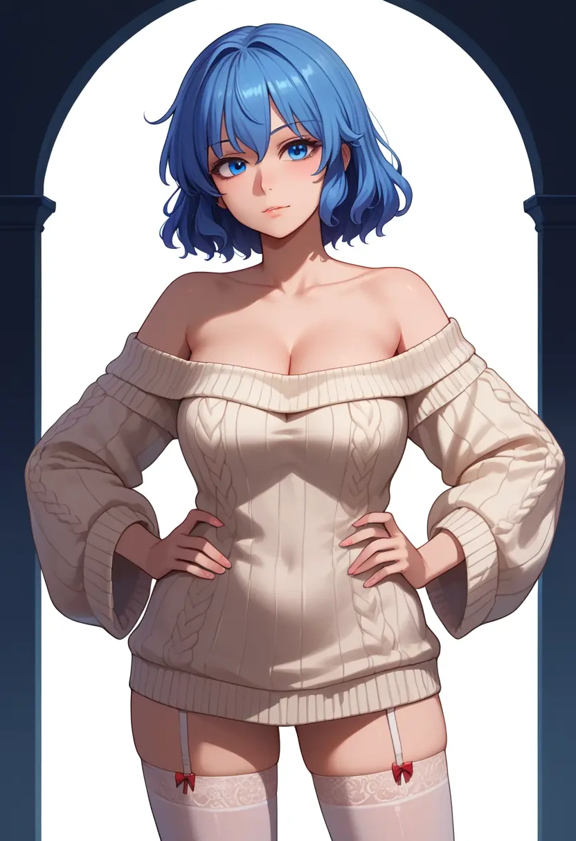 touhou,doremy_sweet,Hands on hips,off-shoulder,sweater,stockings  - 