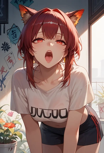 arknights,dusk_(arknights),cropped graffiti sweatshirt,dolphin shorts  - AI generated anime art