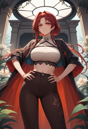 arknights,dusk_(arknights),pants,wide-leg,strappy top  - AI generated anime art