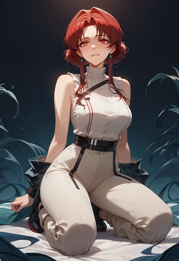 arknights,dusk_(arknights),jumpsuit,sleeveless,flare pants  - AI generated anime art