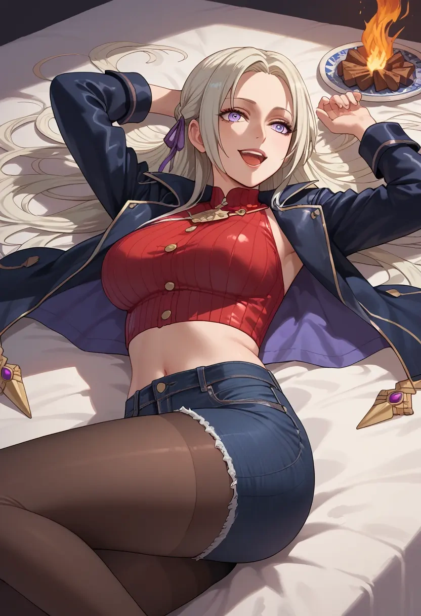 fire_emblem,edelgard_von_hresvelg,denim jacket,cropped,leather leggings  - 