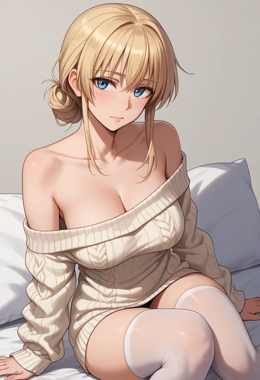 world_witches_series,eila_ilmatar_juutilainen,cross-legged,Head resting on hand,off-shoulder,sweater  - 