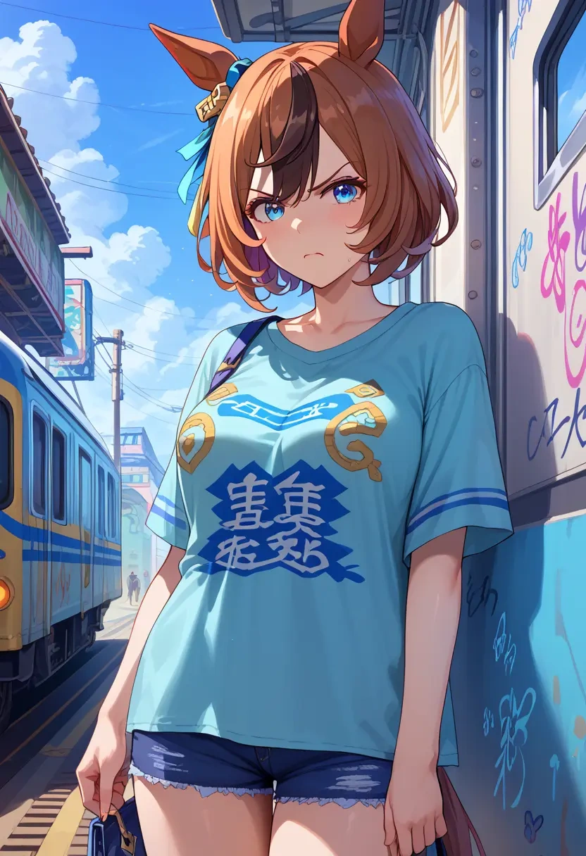 umamusume,eishin_flash_(umamusume),oversized graffiti shirt,dolphin shorts  - 