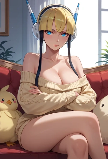 pokemon,elesa_(pokemon),arms crossed,off-shoulder,sweater,cross-legged  - AI generated anime art