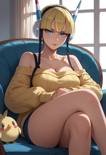 pokemon,elesa_(pokemon),arms crossed,off-shoulder,sweater,cross-legged  - AI generated anime art