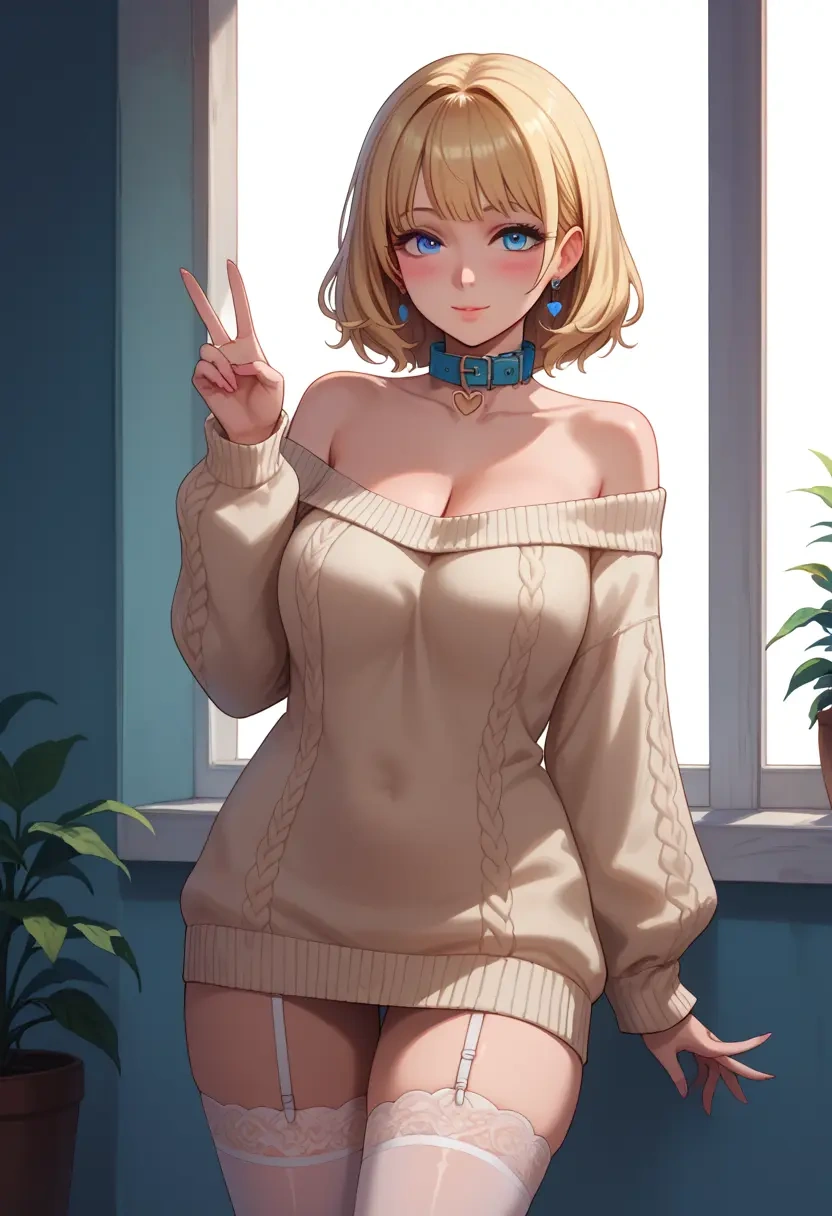 tera_online,elin,blushing,collar,off-shoulder,sweater,stockings  - 