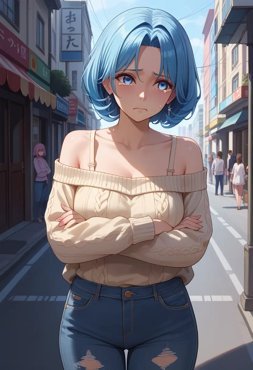 nijisanji,elira_pendora,sweater,off-shoulder,ripped jeans  - 