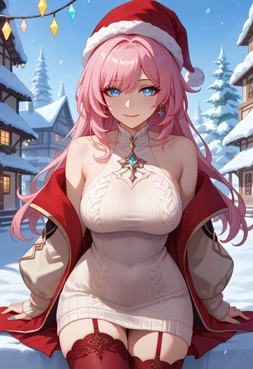 honkai_(series),elysia_(honkai_impact),Christmas,sweater dress,stockings  - AI generated anime art