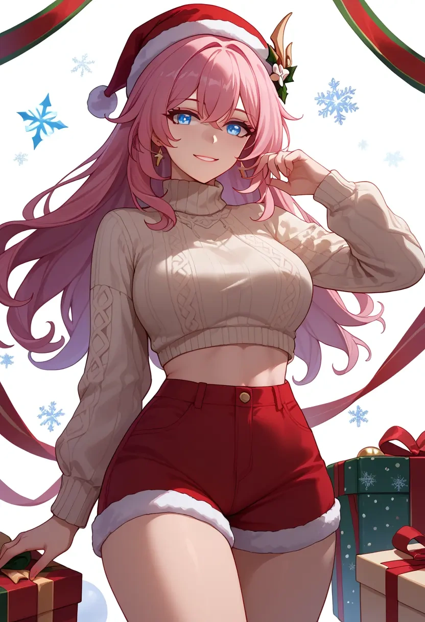 honkai_(series),elysia_(honkai_impact),Christmas,red velvet shorts,turtleneck sweater  - 