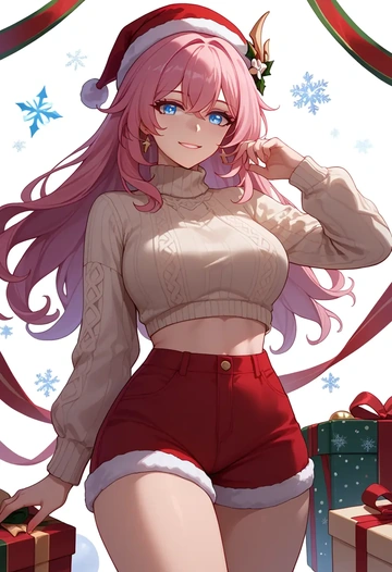 honkai_(series),elysia_(honkai_impact),Christmas,red velvet shorts,turtleneck sweater  - AI generated anime art