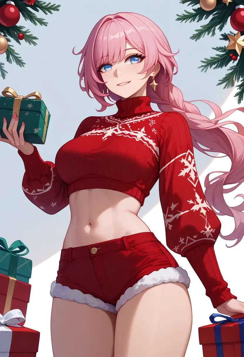 honkai_(series),elysia_(honkai_impact),Christmas,red velvet shorts,turtleneck sweater  - 