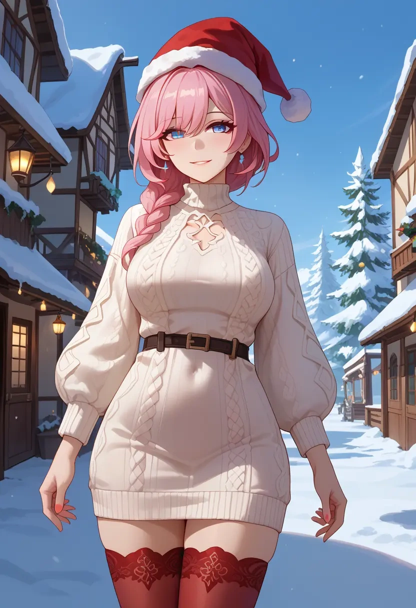 honkai_(series),elysia_(honkai_impact),Christmas,sweater dress,stockings  - 